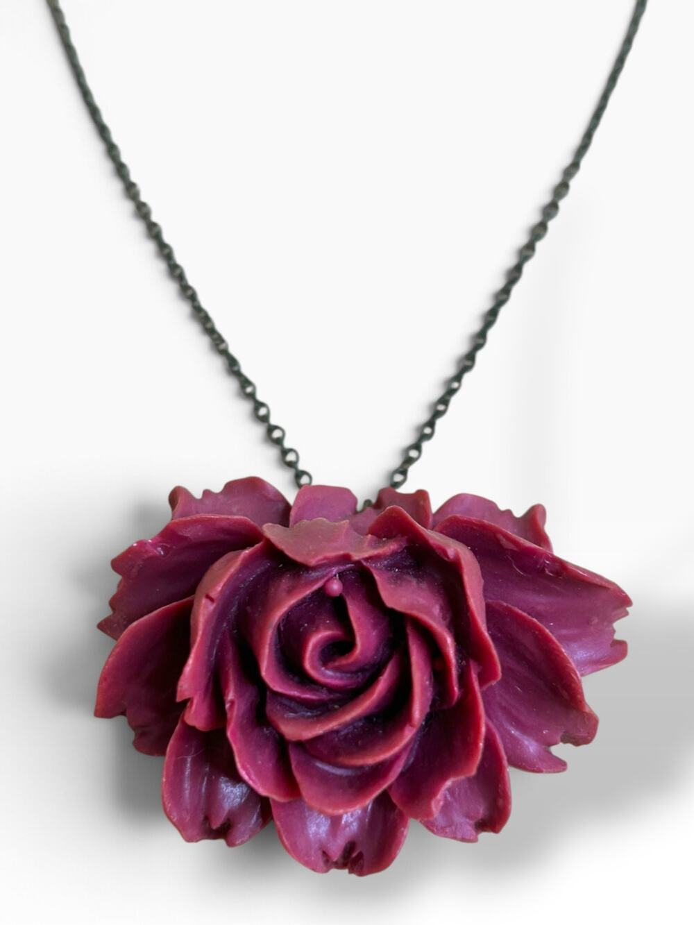 Burgundy Rose Flower Pendant Necklace Dark Romantic Whimsigoth Antique Gold Tone